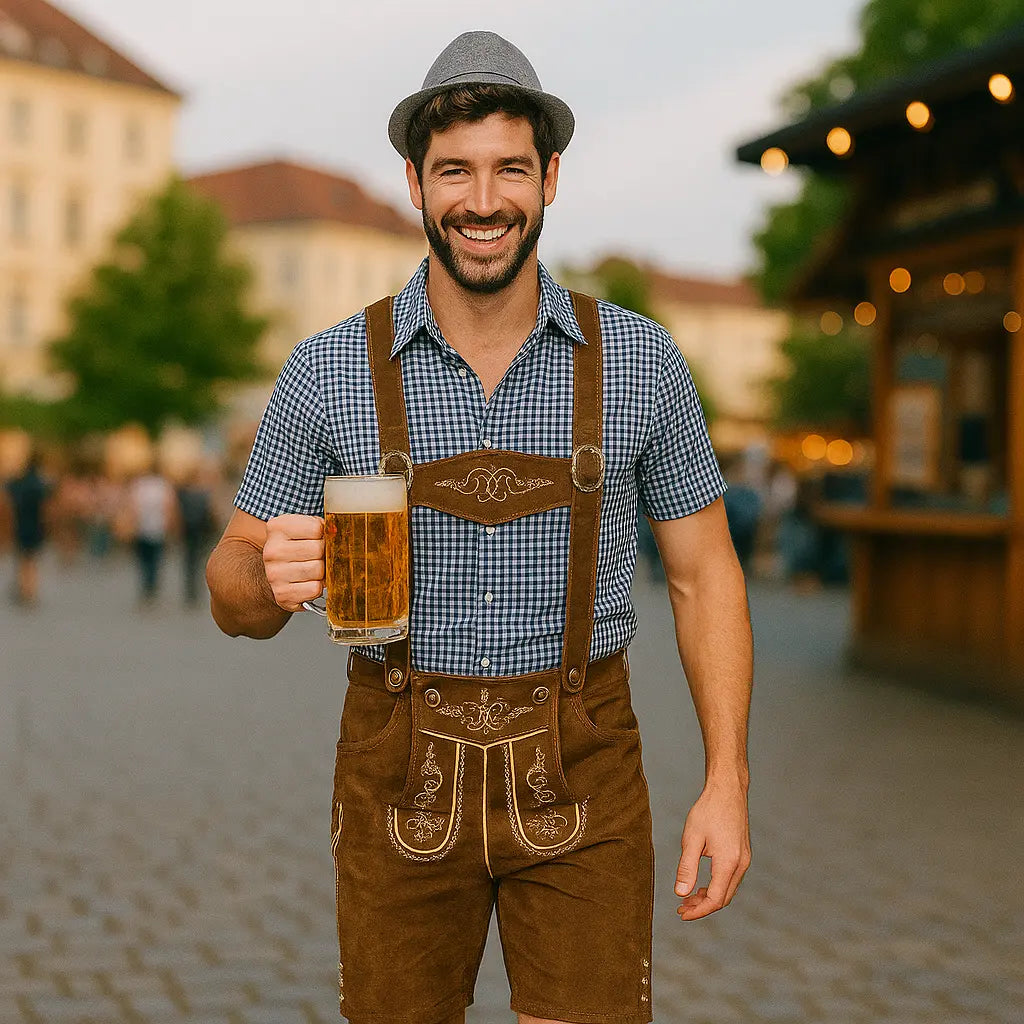 MunaWear - Oktoberfest - EdelMann Oktoberfest Men's Trachten Outfit Set – Traditional Costume with Shirt, Pants & Hat – Perfect for Beer Festivals - Brown / 2XL