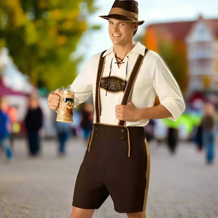 Oktoberfest Bavarian Lederhosen Costume for Men – Authentic Complete Outfit with Hat – Ideal for Beer Festivals