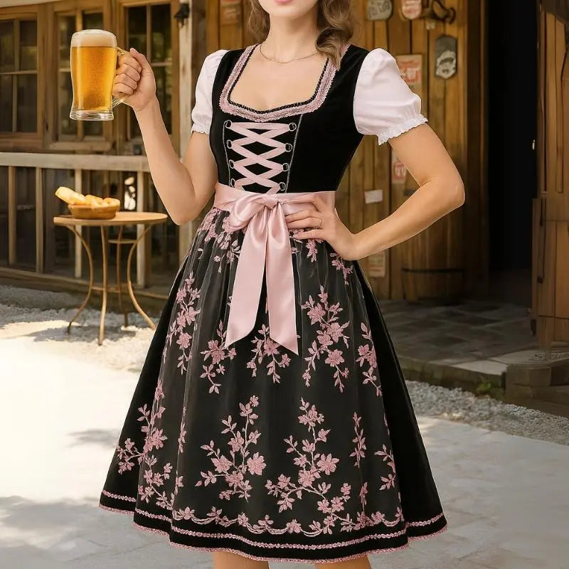 MunaWear - Oktoberfest - Oktoberfest Dirndl Dress – Classic Floral Design – Perfect for Beer Festivals - Black / XXL