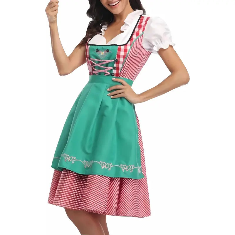 MunaWear - Oktoberfest - Oktoberfest Dirndl Dress – Elegant Diamond Pattern with Short Sleeves – Perfect for Beer Festivals - 