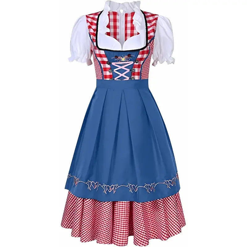 MunaWear - Oktoberfest - Oktoberfest Dirndl Dress – Elegant Diamond Pattern with Short Sleeves – Perfect for Beer Festivals - Blue / XXL