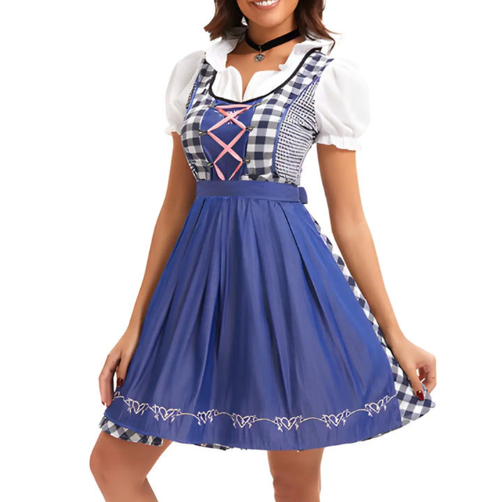 MunaWear - Oktoberfest - Oktoberfest Dirndl Dress – Elegant Diamond Pattern with Short Sleeves – Perfect for Beer Festivals - Navy Blue / 5XL