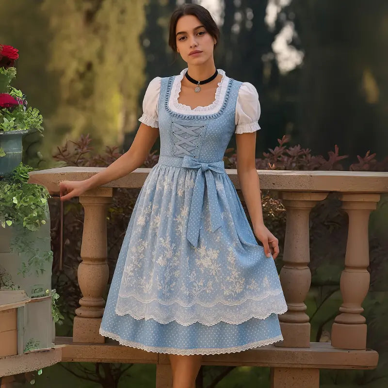 MunaWear - Oktoberfest - Oktoberfest Dirndl Dress – Elegant Traditional Costume with Fine Embroidery – Perfect for Beer Festivals - Light Blue / 5XL