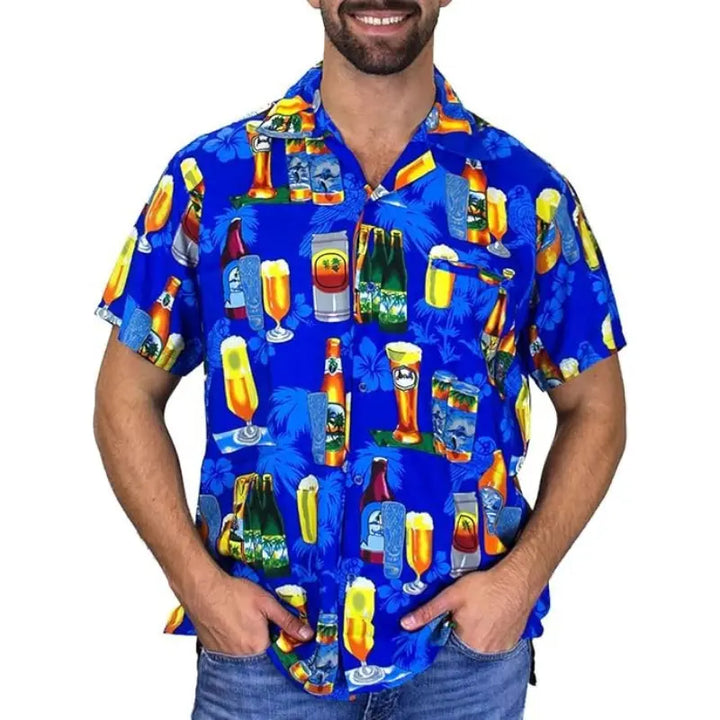 Oktoberfest Hawaiian Shirt for Men – Colorful Cocktail & Beer Bottle Print – Perfect for Summer Parties