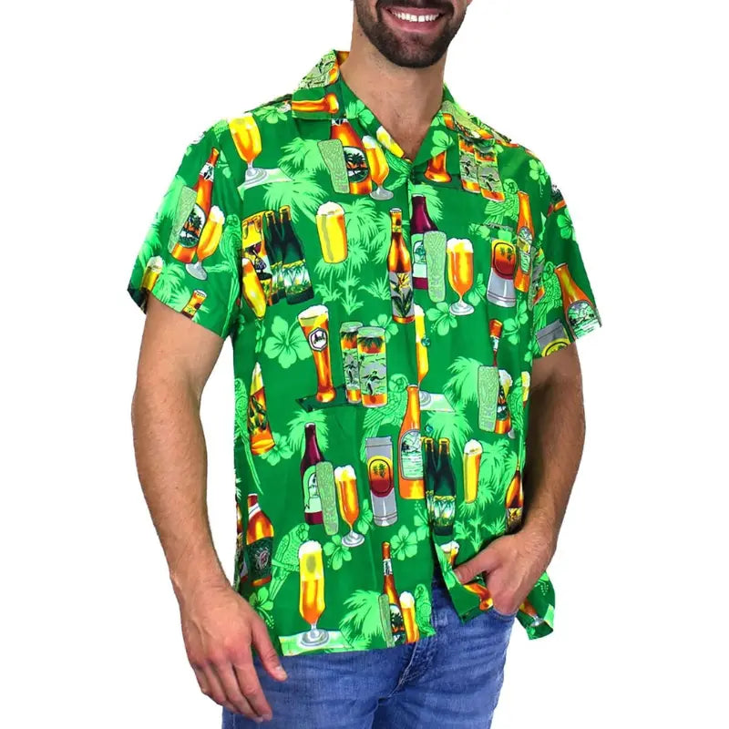 Oktoberfest Hawaiian Shirt for Men – Colorful Cocktail & Beer Bottle Print – Perfect for Summer Parties