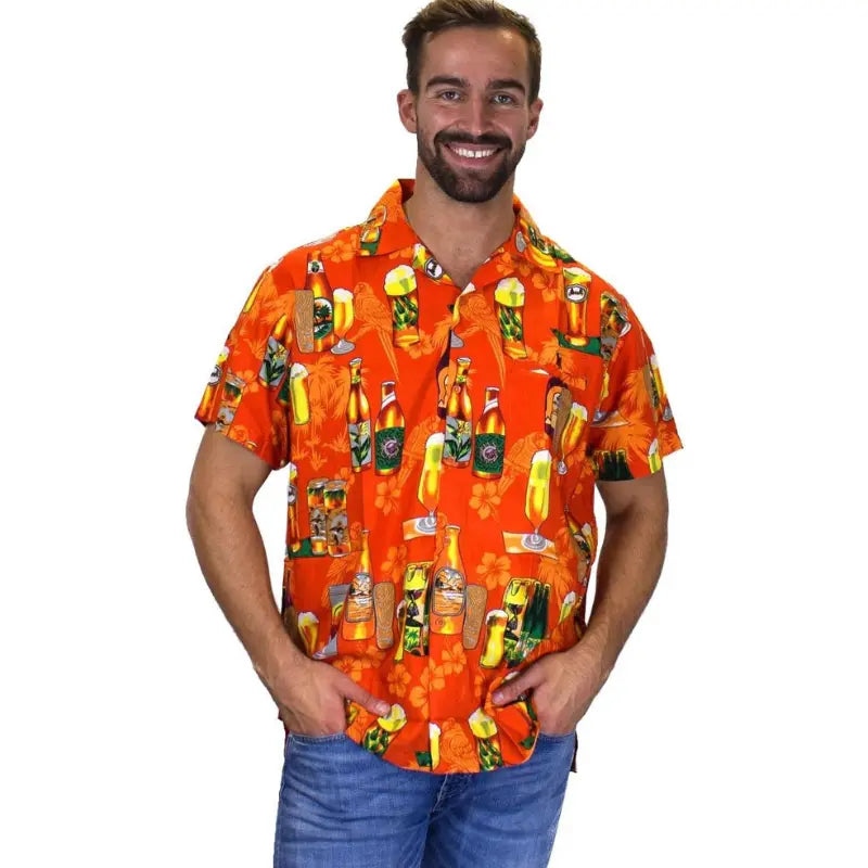 Oktoberfest Hawaiian Shirt for Men – Colorful Cocktail & Beer Bottle Print – Perfect for Summer Parties