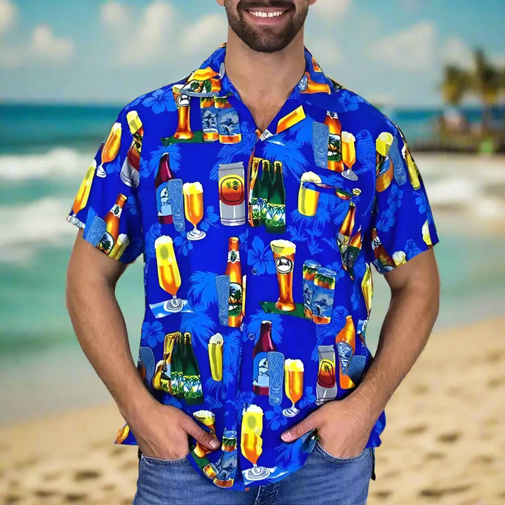 Oktoberfest Hawaiian Shirt for Men – Colorful Cocktail & Beer Bottle Print – Perfect for Summer Parties