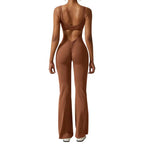 Adeline – Flared Black Jumpsuit for Women with Deep V-Back for Yoga and Fitness