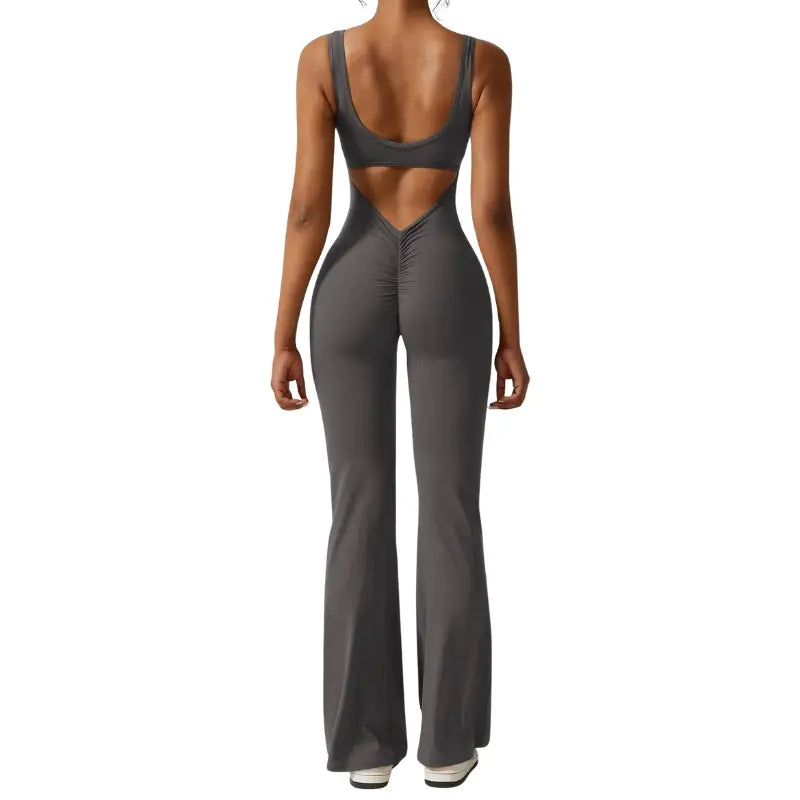 Adeline – Flared Black Jumpsuit for Women with Deep V-Back for Yoga and Fitness