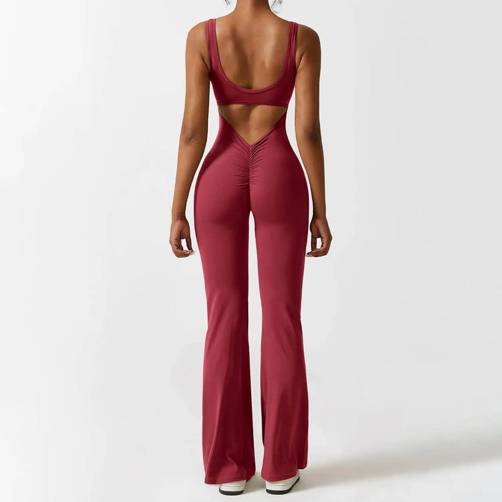 Adeline – Flared Black Jumpsuit for Women with Deep V-Back for Yoga and Fitness