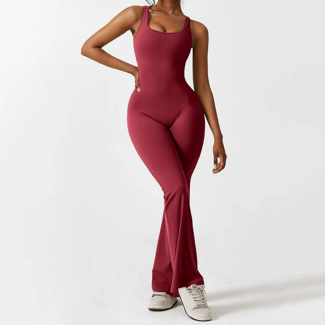 Adeline – Flared Black Jumpsuit for Women with Deep V-Back for Yoga and Fitness