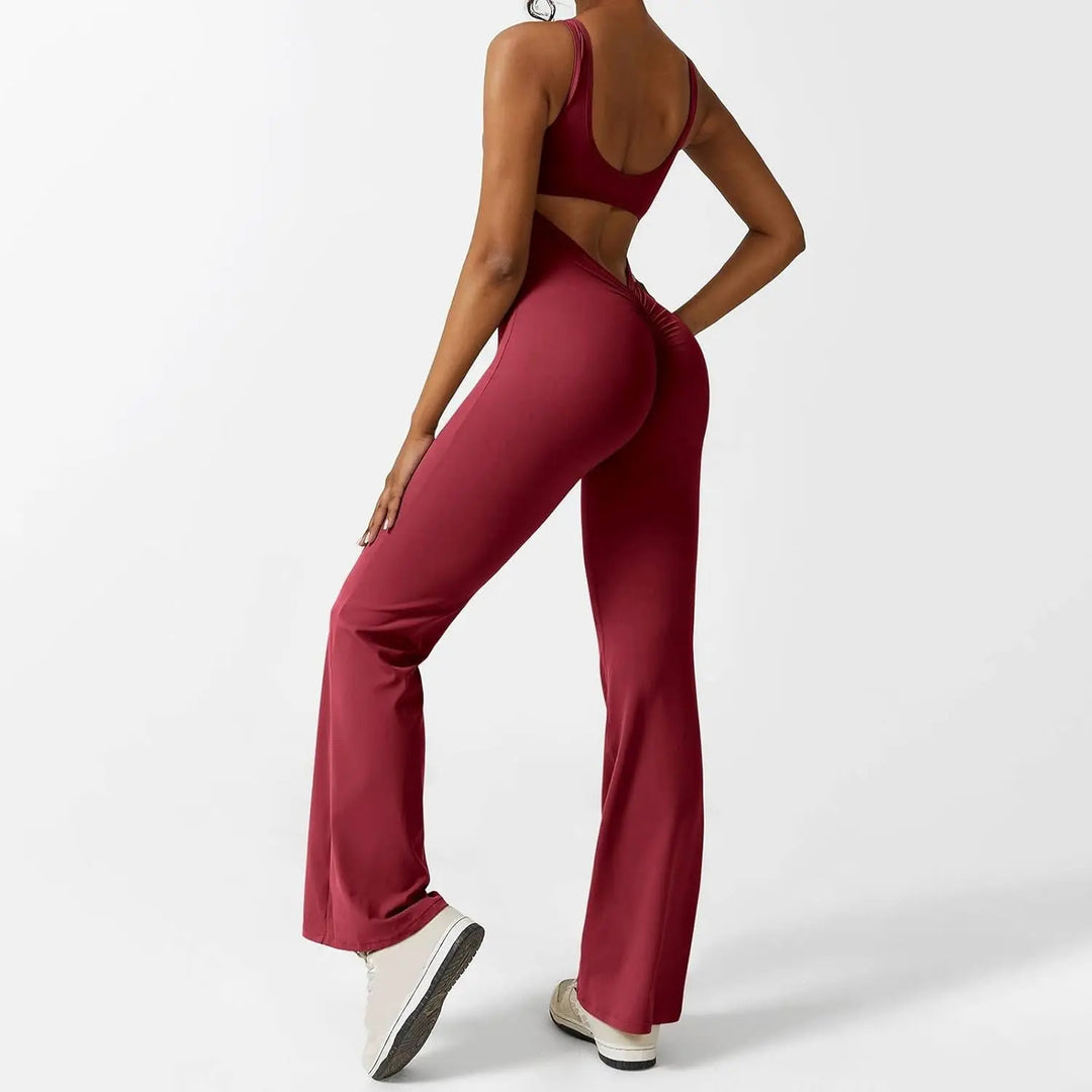 Adeline – Flared Black Jumpsuit for Women with Deep V-Back for Yoga and Fitness