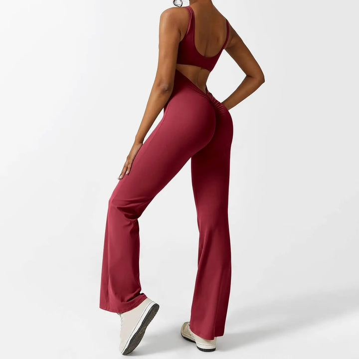 Adeline – Flared Black Jumpsuit for Women with Deep V-Back for Yoga and Fitness