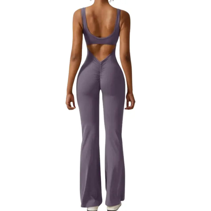 Adeline – Flared Black Jumpsuit for Women with Deep V-Back for Yoga and Fitness