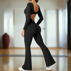 Alia – Elegant Black Jumpsuit for Women with Deep V-Back and Stretchy Comfort