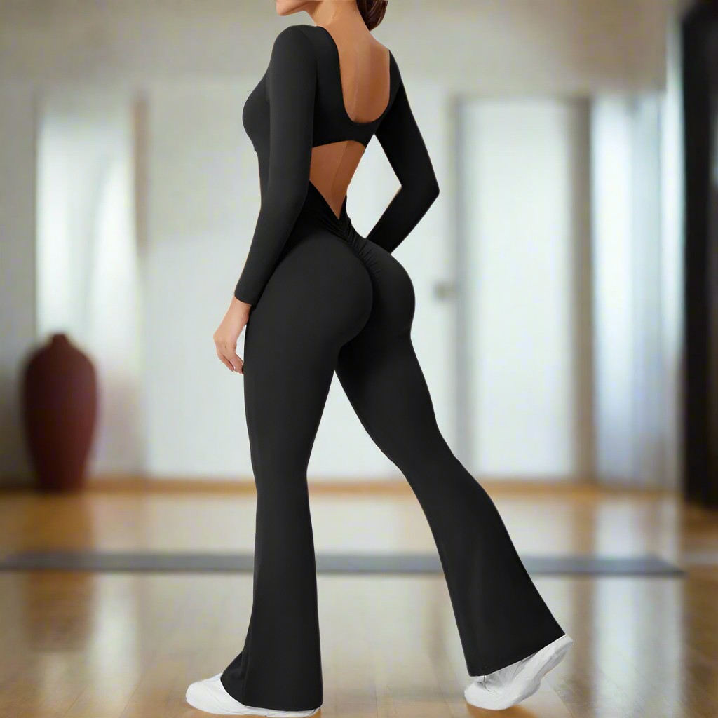 Alia – Elegant Black Jumpsuit for Women with Deep V-Back and Stretchy Comfort