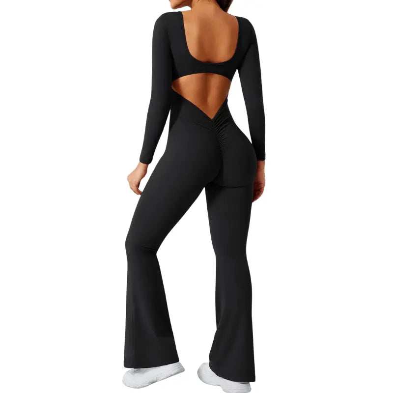 Alia – Elegant Black Jumpsuit for Women with Deep V-Back and Stretchy Comfort