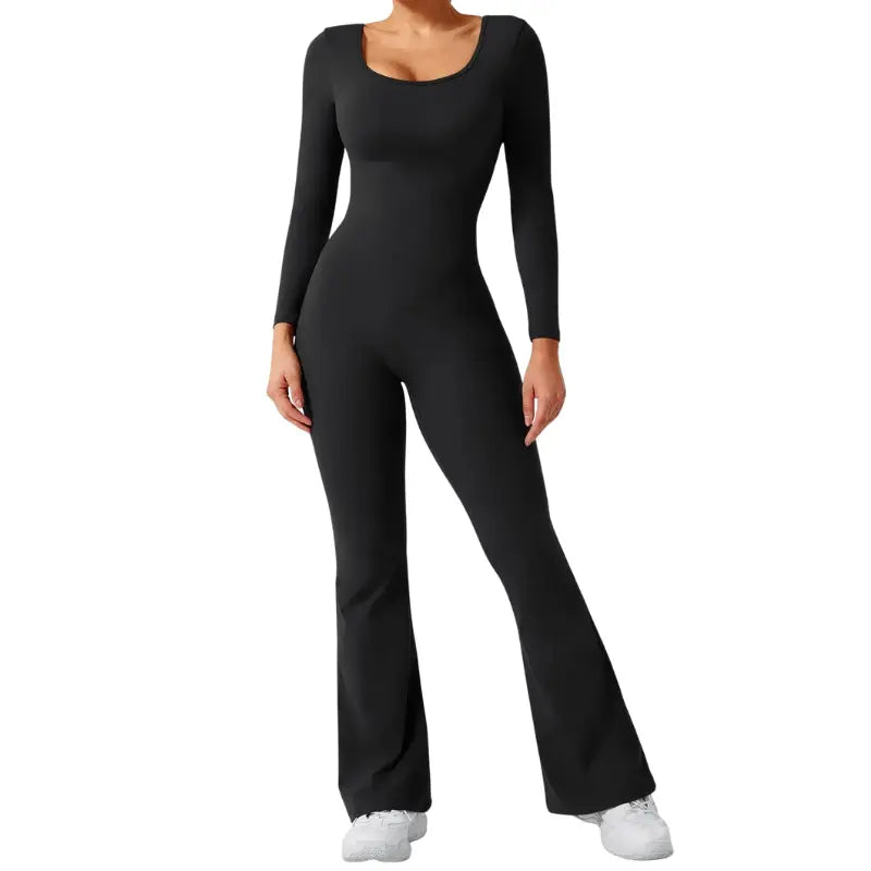 Alia – Elegant Black Jumpsuit for Women with Deep V-Back and Stretchy Comfort