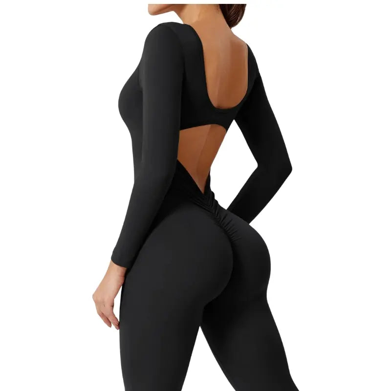 Alia – Elegant Black Jumpsuit for Women with Deep V-Back and Stretchy Comfort