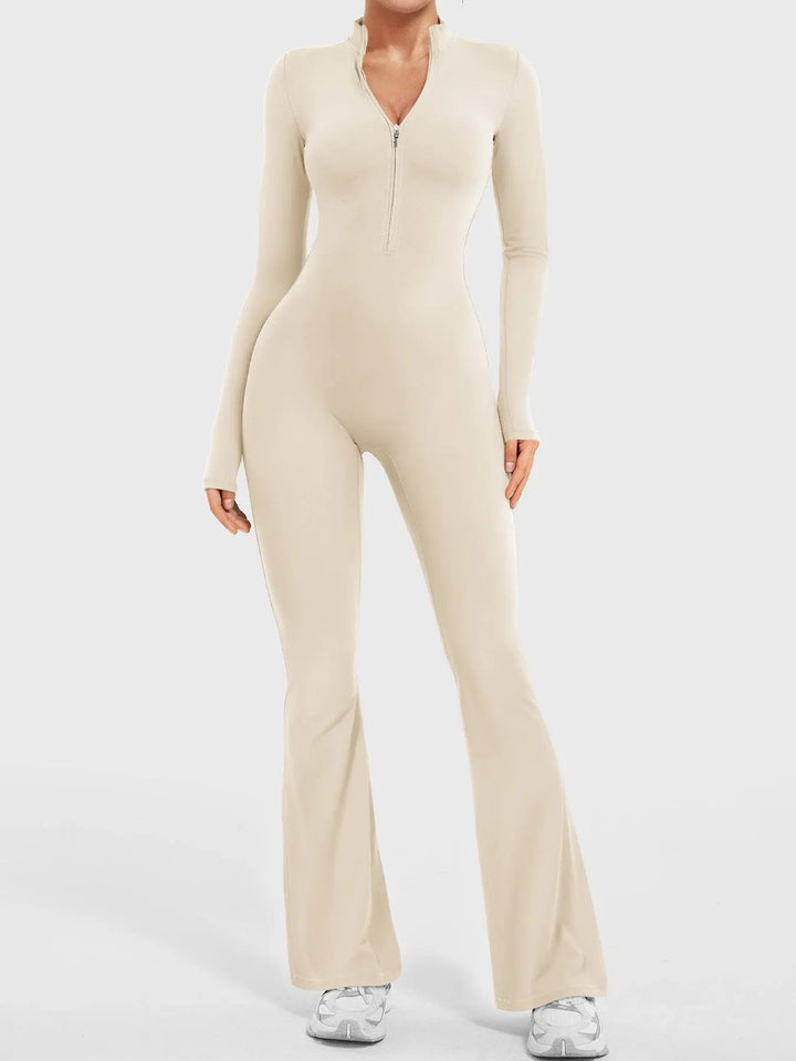 MunaWear  One-Pieces  Lila – Seamless Long Sleeve Sport Jumpsuit with Flared Legs for Yoga and Casual Wear  Cream-XL