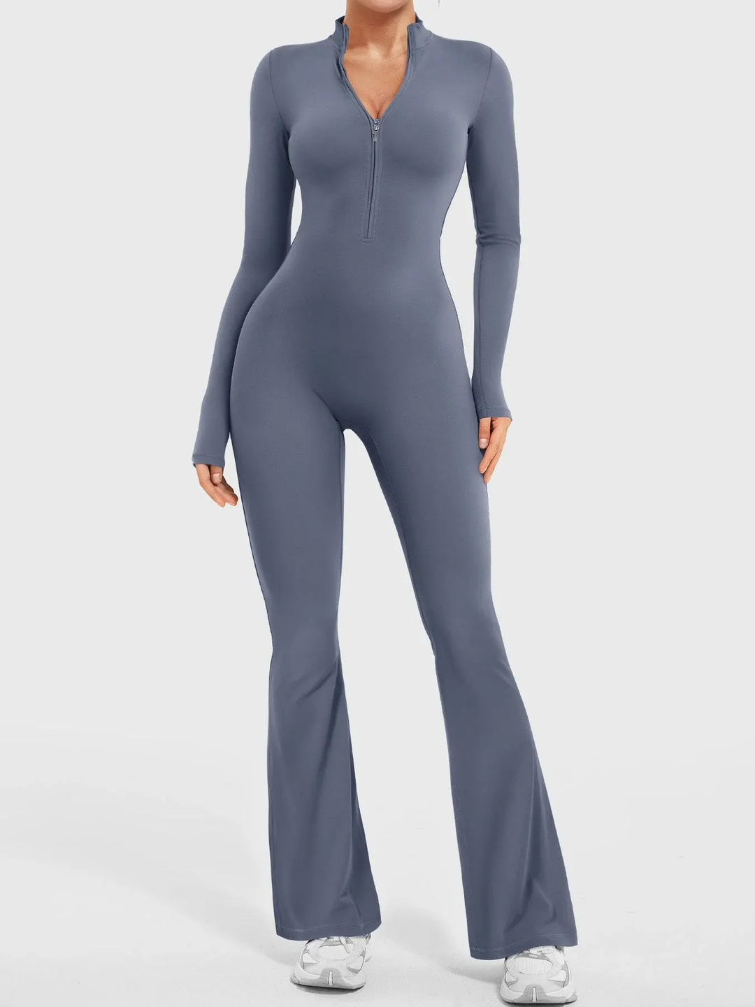 MunaWear  One-Pieces  Lila – Seamless Long Sleeve Sport Jumpsuit with Flared Legs for Yoga and Casual Wear  Gray-Blue-XL