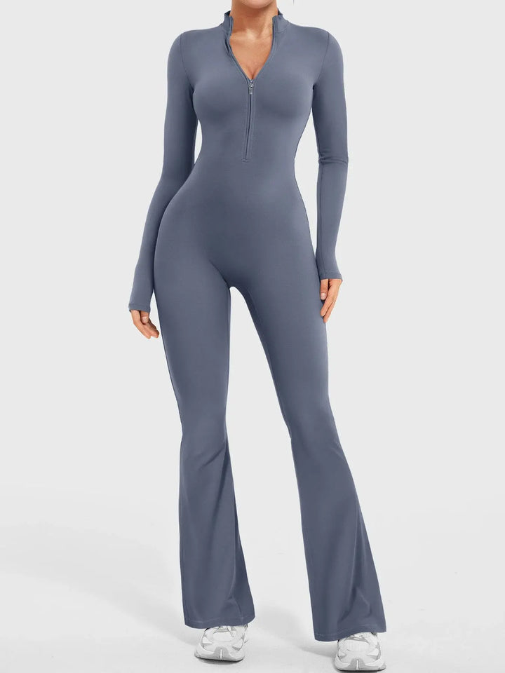 MunaWear  One-Pieces  Lila – Seamless Long Sleeve Sport Jumpsuit with Flared Legs for Yoga and Casual Wear  Gray-Blue-XL