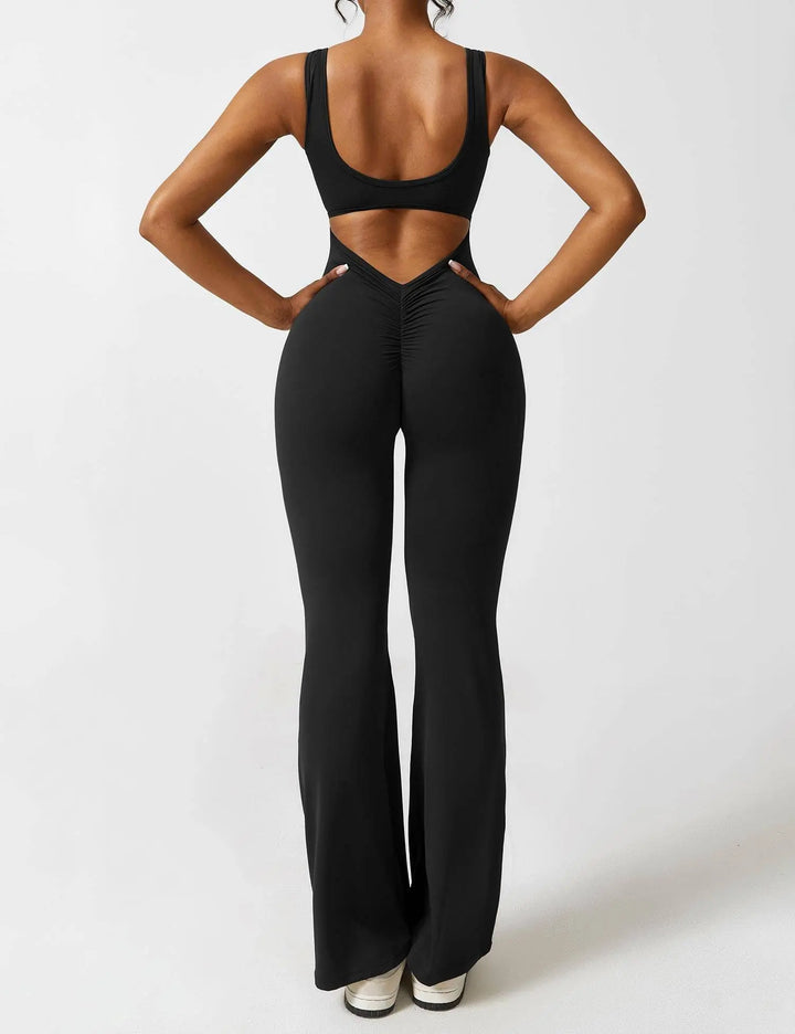 MunaWear  One-Pieces  Mia – Flared Black Jumpsuit for Women with Deep V-Back for Yoga and Fitness  Black-XL