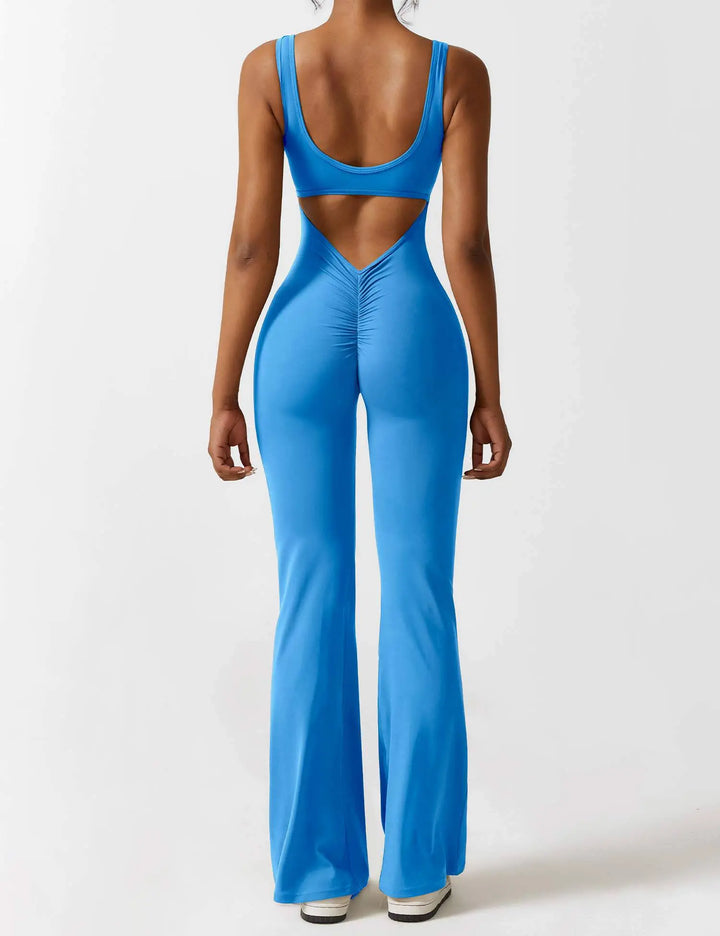 MunaWear  One-Pieces  Mia – Flared Black Jumpsuit for Women with Deep V-Back for Yoga and Fitness  Blue-XL