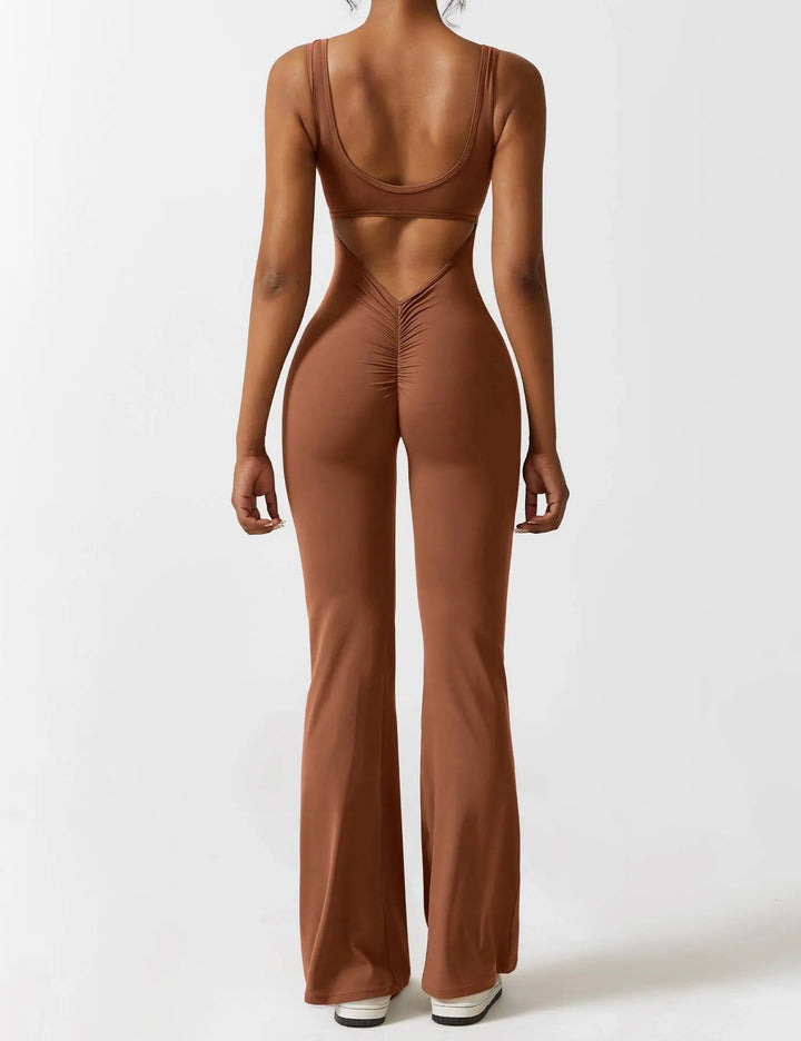 MunaWear  One-Pieces  Mia – Flared Black Jumpsuit for Women with Deep V-Back for Yoga and Fitness  Brown-XL