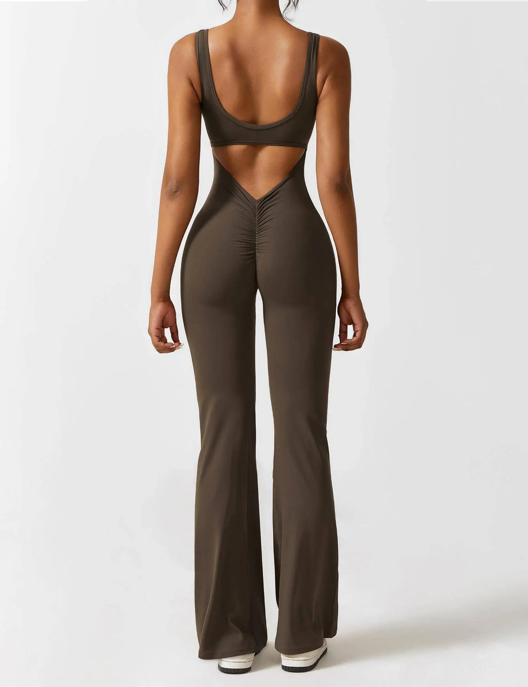 MunaWear  One-Pieces  Mia – Flared Black Jumpsuit for Women with Deep V-Back for Yoga and Fitness  Coffee-XL