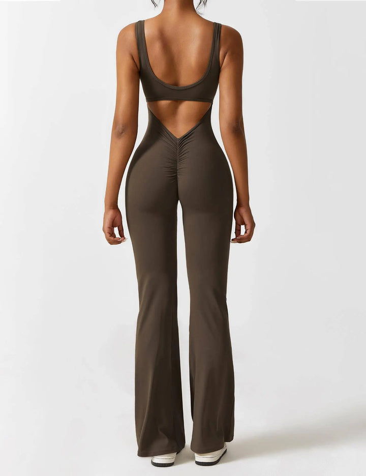 MunaWear  One-Pieces  Mia – Flared Black Jumpsuit for Women with Deep V-Back for Yoga and Fitness  Coffee-XL