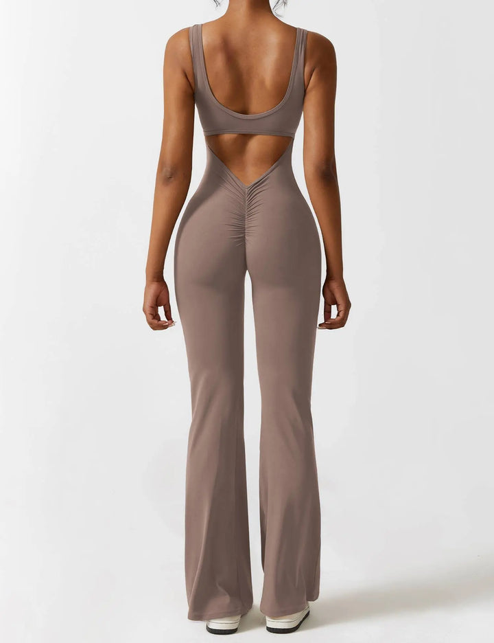 MunaWear  One-Pieces  Mia – Flared Black Jumpsuit for Women with Deep V-Back for Yoga and Fitness  Dark-Brown-L