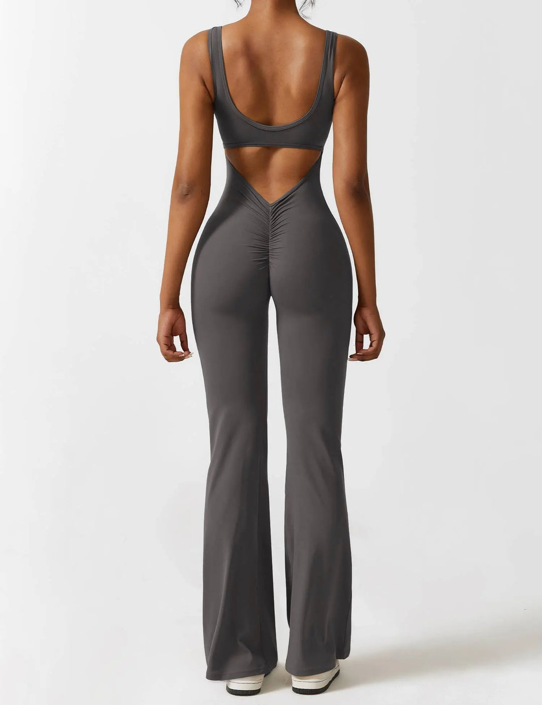 MunaWear  One-Pieces  Mia – Flared Black Jumpsuit for Women with Deep V-Back for Yoga and Fitness  Dark-Gray-XL