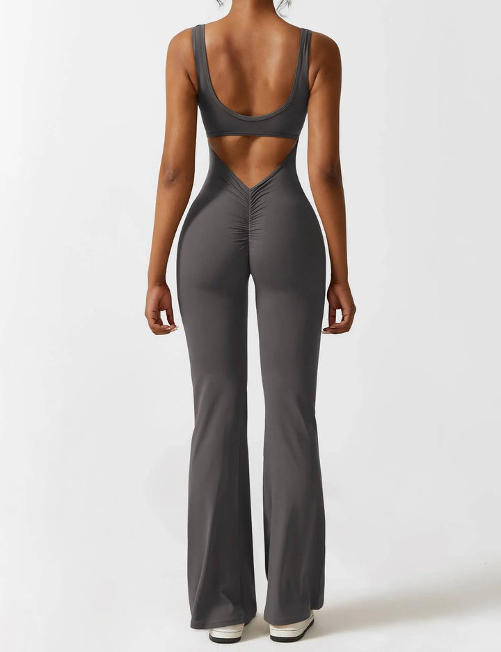 MunaWear  One-Pieces  Mia – Flared Black Jumpsuit for Women with Deep V-Back for Yoga and Fitness  Dark-Gray-XL