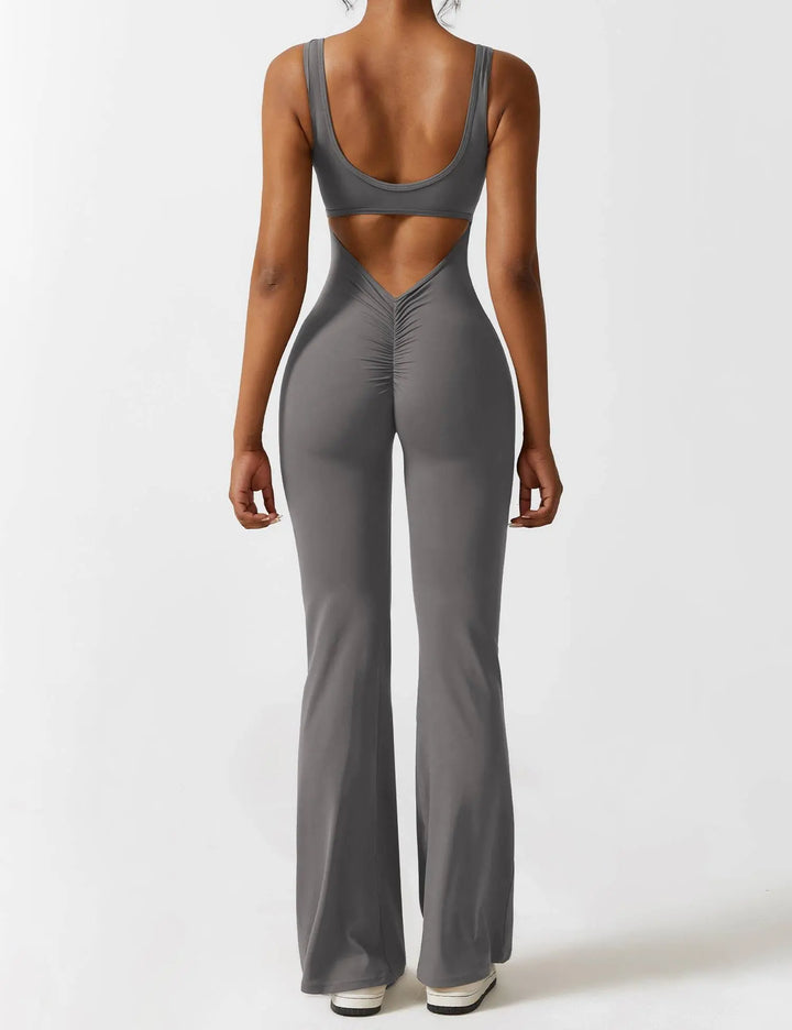 MunaWear  One-Pieces  Mia – Flared Black Jumpsuit for Women with Deep V-Back for Yoga and Fitness  Gray-XL