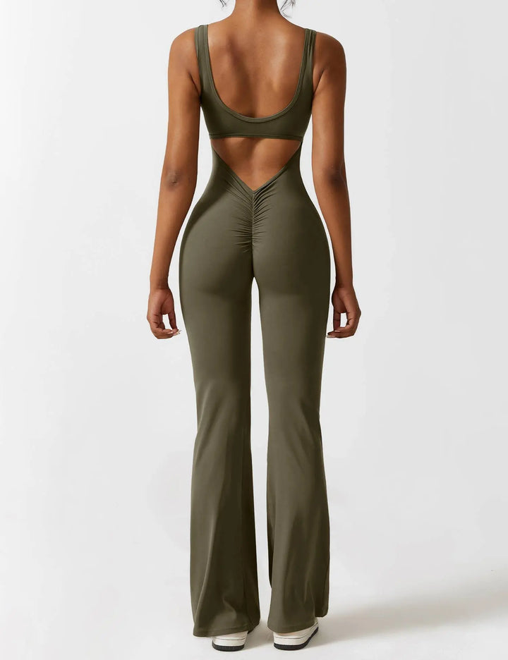 MunaWear  One-Pieces  Mia – Flared Black Jumpsuit for Women with Deep V-Back for Yoga and Fitness  Green-XL
