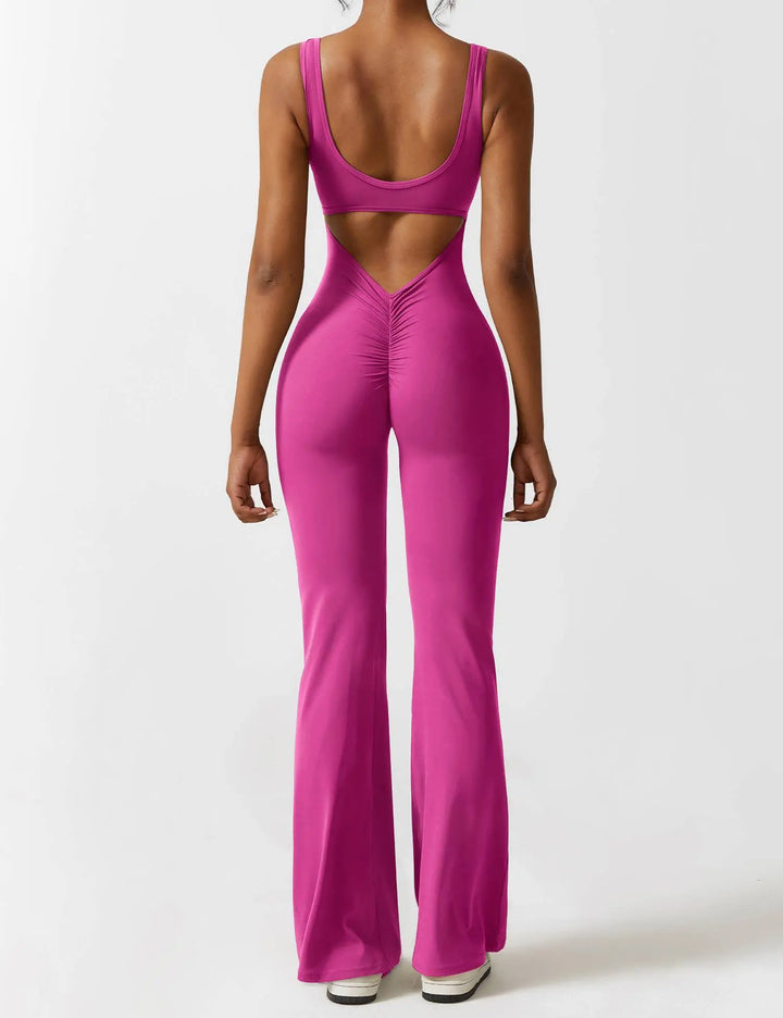 MunaWear  One-Pieces  Mia – Flared Black Jumpsuit for Women with Deep V-Back for Yoga and Fitness  Pink-XL