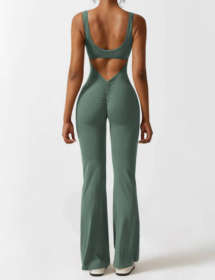 MunaWear  One-Pieces  Mia – Flared Black Jumpsuit for Women with Deep V-Back for Yoga and Fitness  Sage-Green-XL