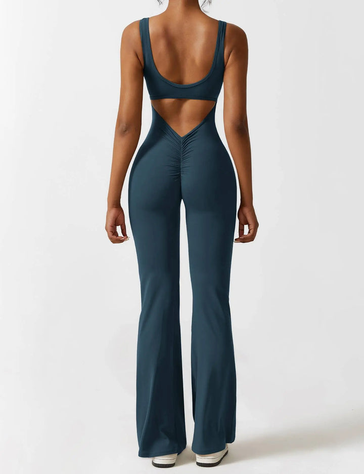 MunaWear  One-Pieces  Mia – Flared Black Jumpsuit for Women with Deep V-Back for Yoga and Fitness  Turquoise-XL