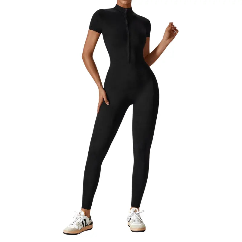 Samantha – Slim-Fit Short Sleeve Sport Jumpsuit with Zipper for Yoga and Fitness