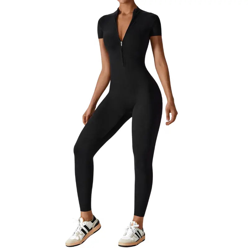 Samantha – Slim-Fit Short Sleeve Sport Jumpsuit with Zipper for Yoga and Fitness