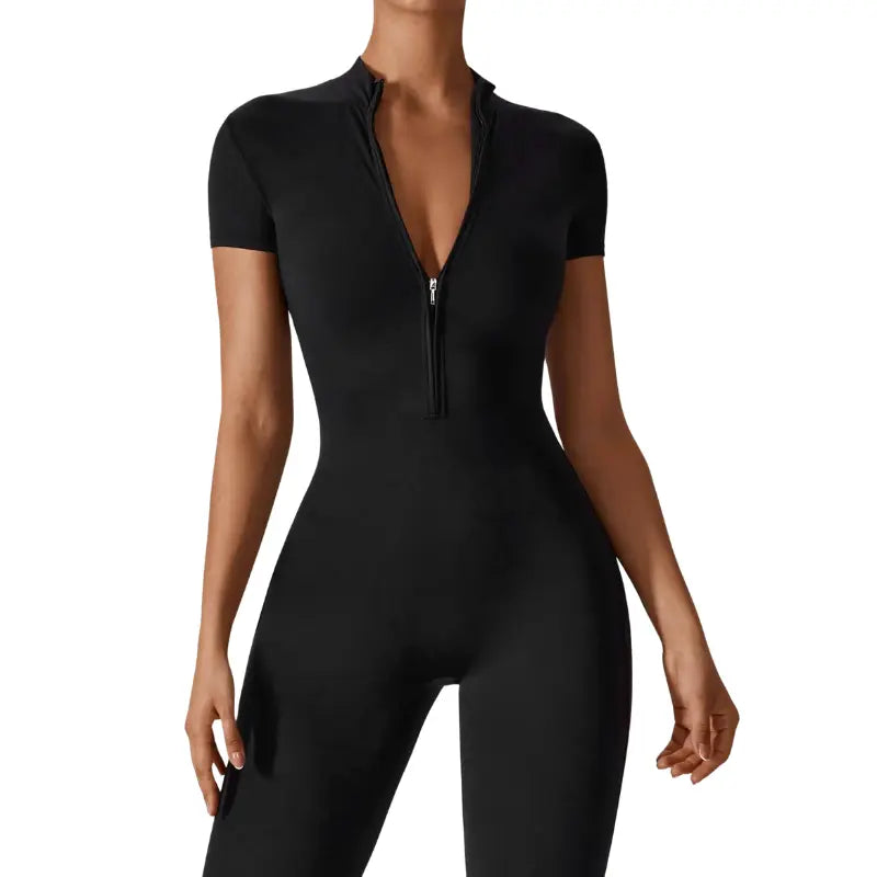 Samantha – Slim-Fit Short Sleeve Sport Jumpsuit with Zipper for Yoga and Fitness