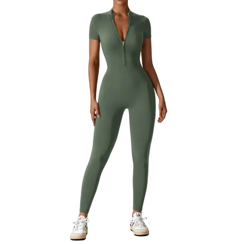 Samantha – Slim-Fit Short Sleeve Sport Jumpsuit with Zipper for Yoga and Fitness