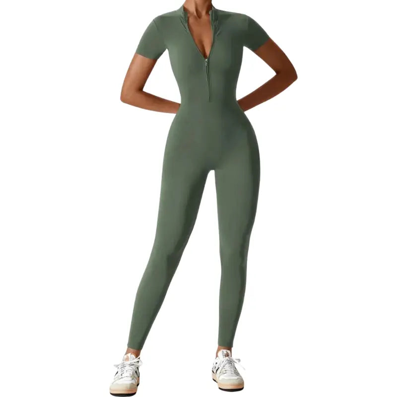 MunaWear - One-Pieces - Samantha – Slim-Fit Short Sleeve Sport Jumpsuit with Zipper for Yoga and Fitness - 