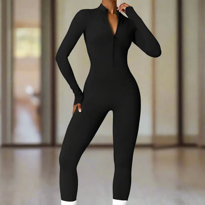 Sophie - Black Slim-Fit Jumpsuit for Women with Superstretch Comfort and Soft Fleece Lining