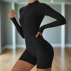 Zinnia – Breathable Shaping Fitness Jumpsuit Shorts with Flexible Fit and Convenient Front Zipper- Black