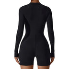 Zinnia – Breathable Shaping Fitness Jumpsuit Shorts with Flexible Fit and Convenient Front Zipper- Black