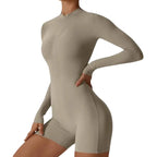 Zinnia – Breathable Shaping Fitness Jumpsuit Shorts with Flexible Fit and Convenient Front Zipper- Gray