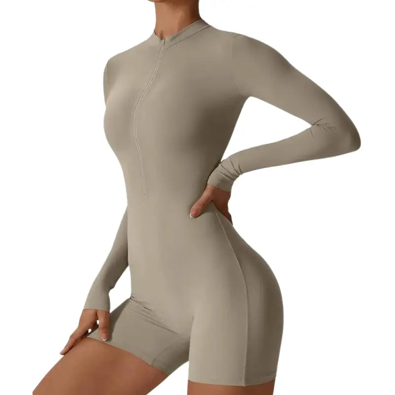 Zinnia – Breathable Shaping Fitness Jumpsuit Shorts with Flexible Fit and Convenient Front Zipper- Gray