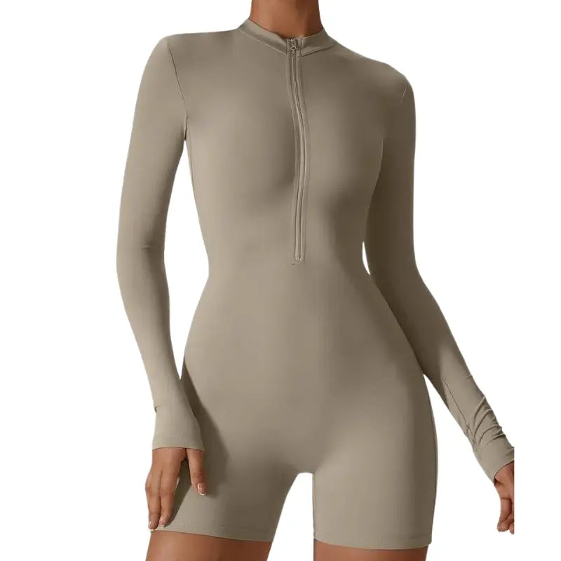 Zinnia – Breathable Shaping Fitness Jumpsuit Shorts with Flexible Fit and Convenient Front Zipper- Gray